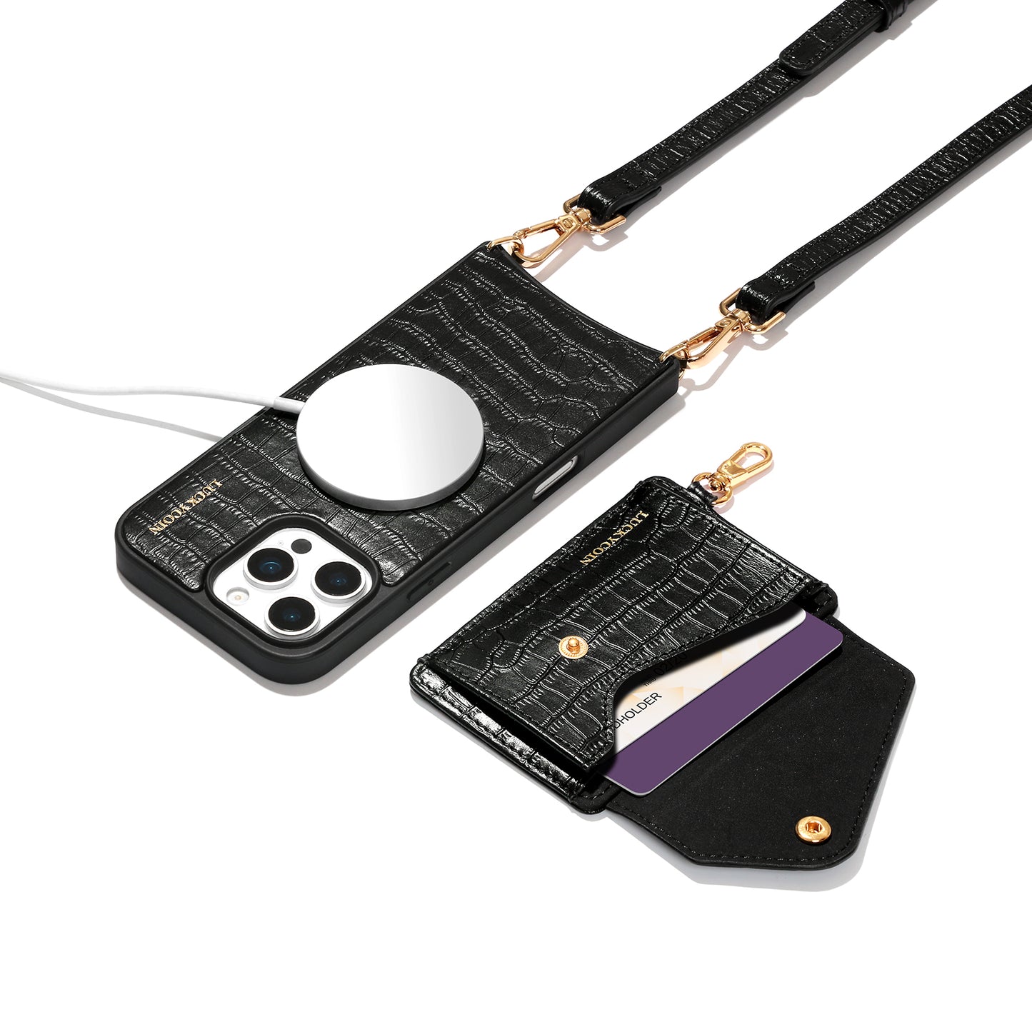 LUCKYCOIN magnet wallet crossbody case with detachable wallet and MagSafe compatibility,black croc leather iPhone 16 Pro Max case