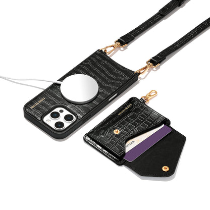 LUCKYCOIN magnet wallet crossbody case with detachable wallet and MagSafe compatibility,black croc leather iPhone 16 Pro Max case