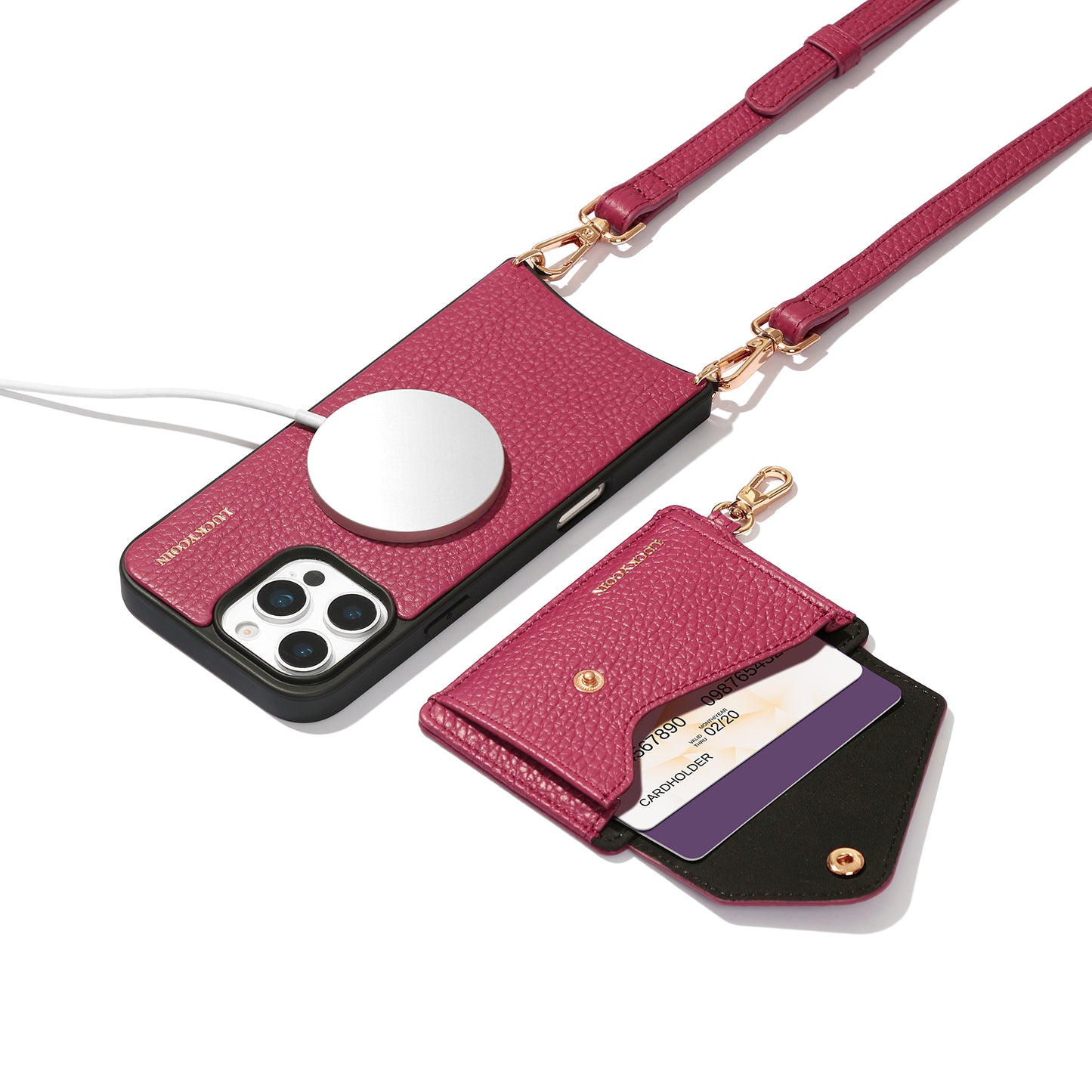 LUCKYCOIN magnet wallet crossbody case with detachable wallet and MagSafe compatibility, rose purple leather iPhone 16 Pro Max case