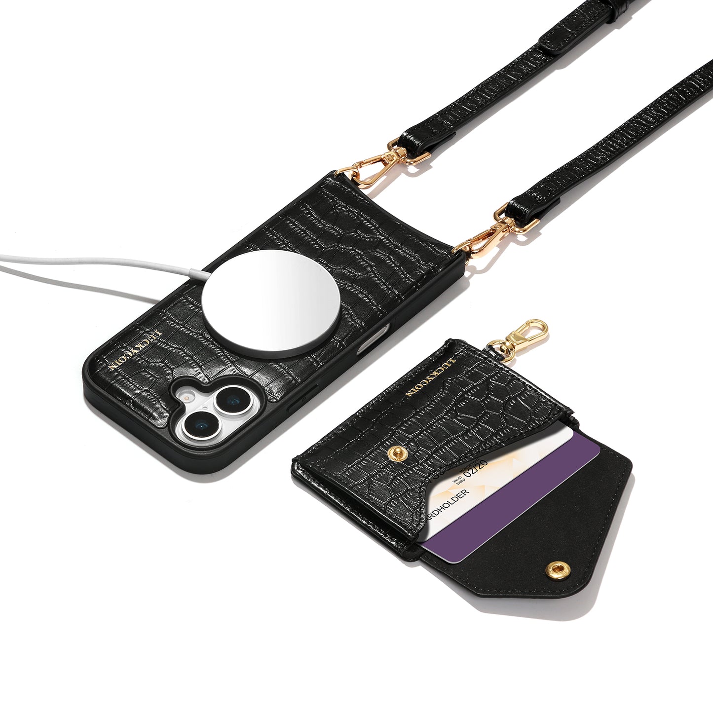 LUCKYCOIN magnet wallet crossbody case with detachable wallet and MagSafe compatibility,black croc leather iPhone 17 case