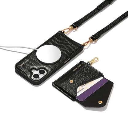 LUCKYCOIN magnet wallet crossbody case with detachable wallet and MagSafe compatibility,black croc leather iPhone 17 case