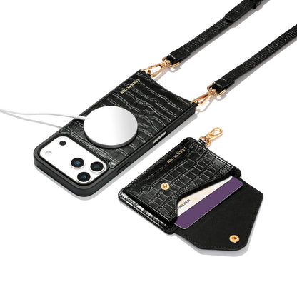 LUCKYCOIN magnet wallet crossbody case with detachable wallet and MagSafe compatibility,black croc leather iPhone 17 Pro Max case