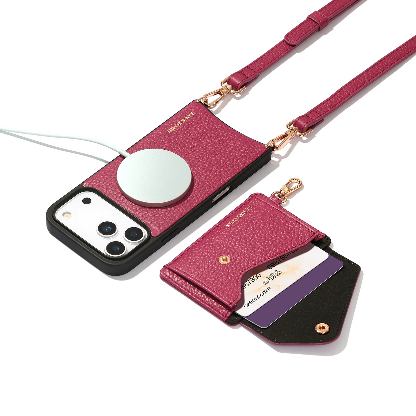 LUCKYCOIN magnet wallet crossbody case with detachable wallet and MagSafe compatibility, rose purple leather iPhone 17 Pro Max case