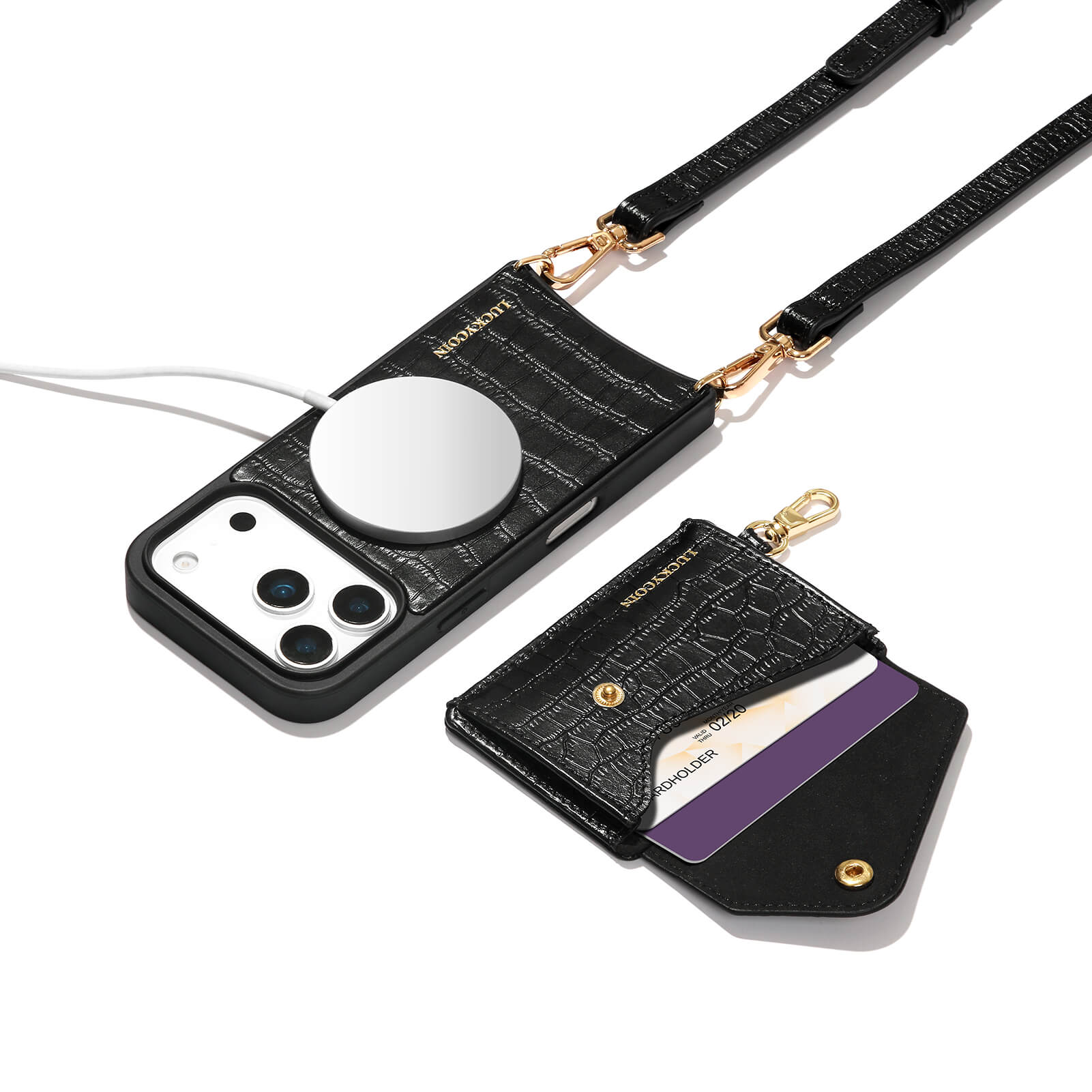 MagSafe Detachable Wallet Crossbody Phone Case – Black Croc
