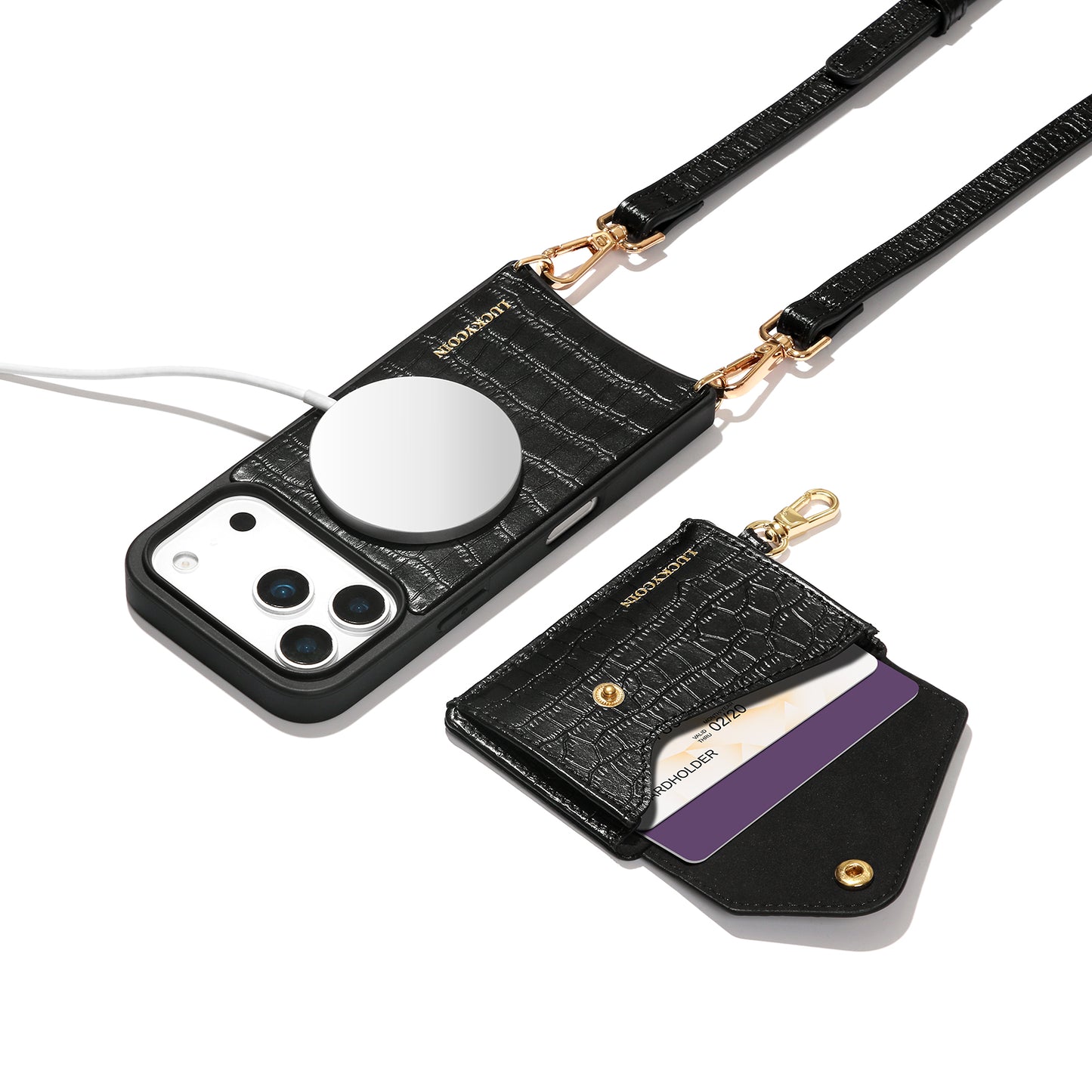 LUCKYCOIN magnet wallet crossbody case with detachable wallet and MagSafe compatibility,black croc leather iPhone 17 Pro case