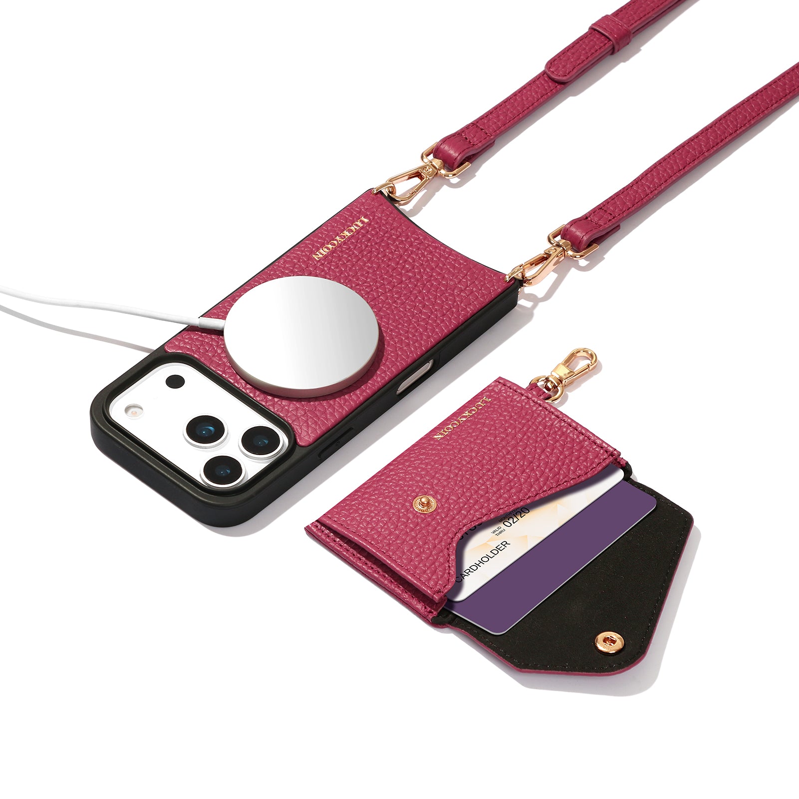 LUCKYCOIN magnet wallet crossbody case with detachable wallet and MagSafe compatibility, rose purple leather iPhone 17 Pro case