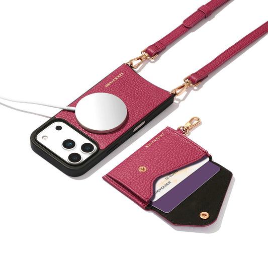 LUCKYCOIN magnet wallet crossbody case with detachable wallet and MagSafe compatibility, rose purple leather iPhone 17 Pro case