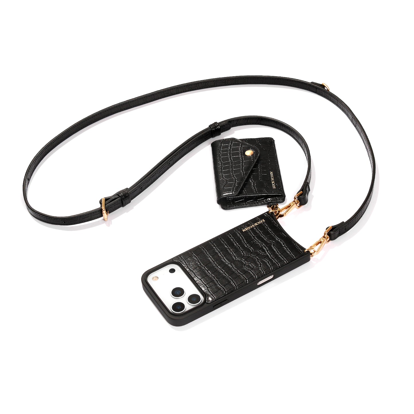 LUCKYCOIN magnet wallet crossbody case in black croc leather with detachable wallet and MagSafe compatibility, lifestyle use4