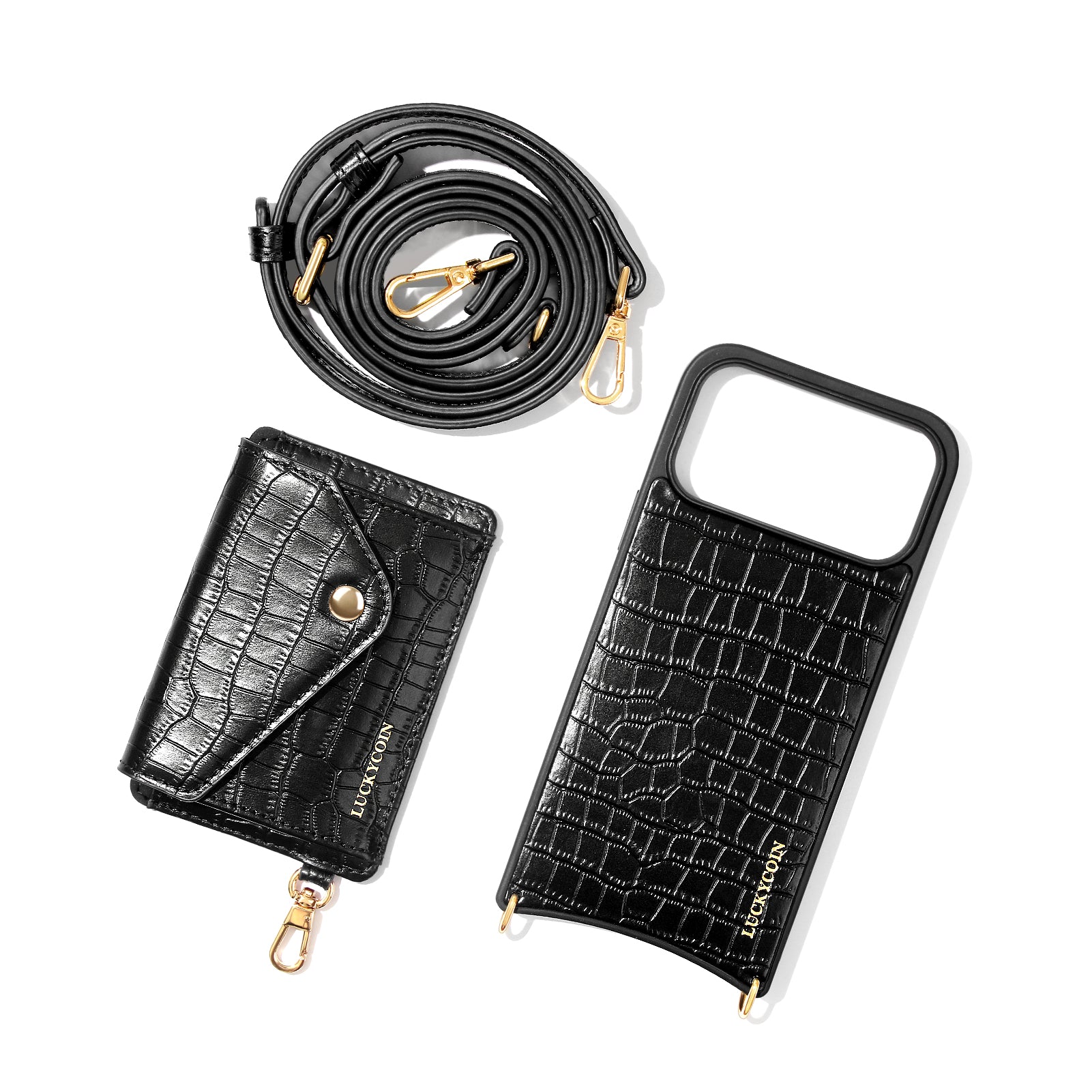 LUCKYCOIN magnet wallet crossbody case in black croc leather with detachable wallet and MagSafe compatibility, lifestyle use8
