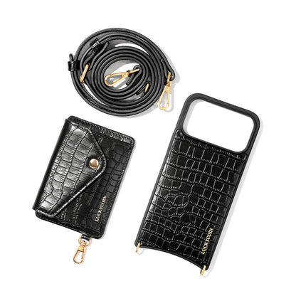 LUCKYCOIN magnet wallet crossbody case in black croc leather with detachable wallet and MagSafe compatibility, lifestyle use8