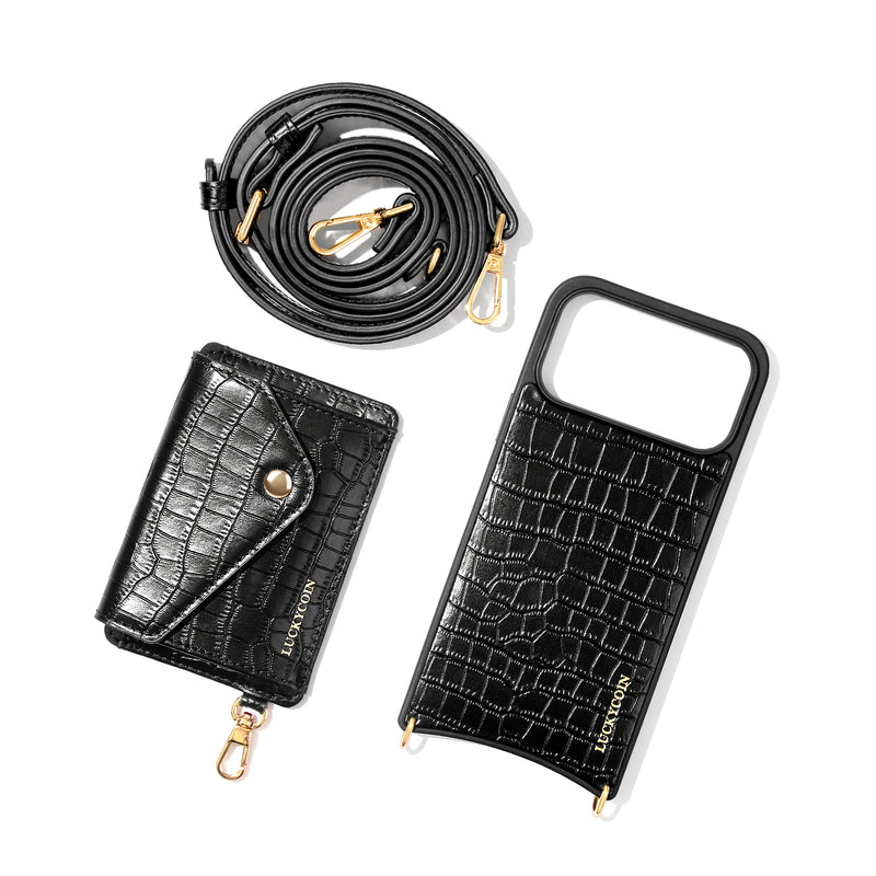 LUCKYCOIN magnet wallet crossbody case in black croc leather with detachable wallet and MagSafe compatibility, lifestyle use8