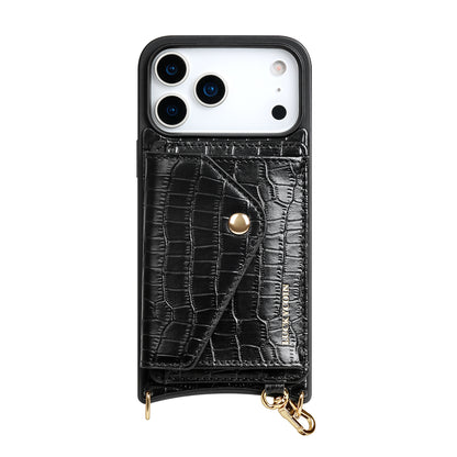 LUCKYCOIN magnet wallet crossbody case in black croc leather with detachable wallet and MagSafe compatibility, lifestyle use2