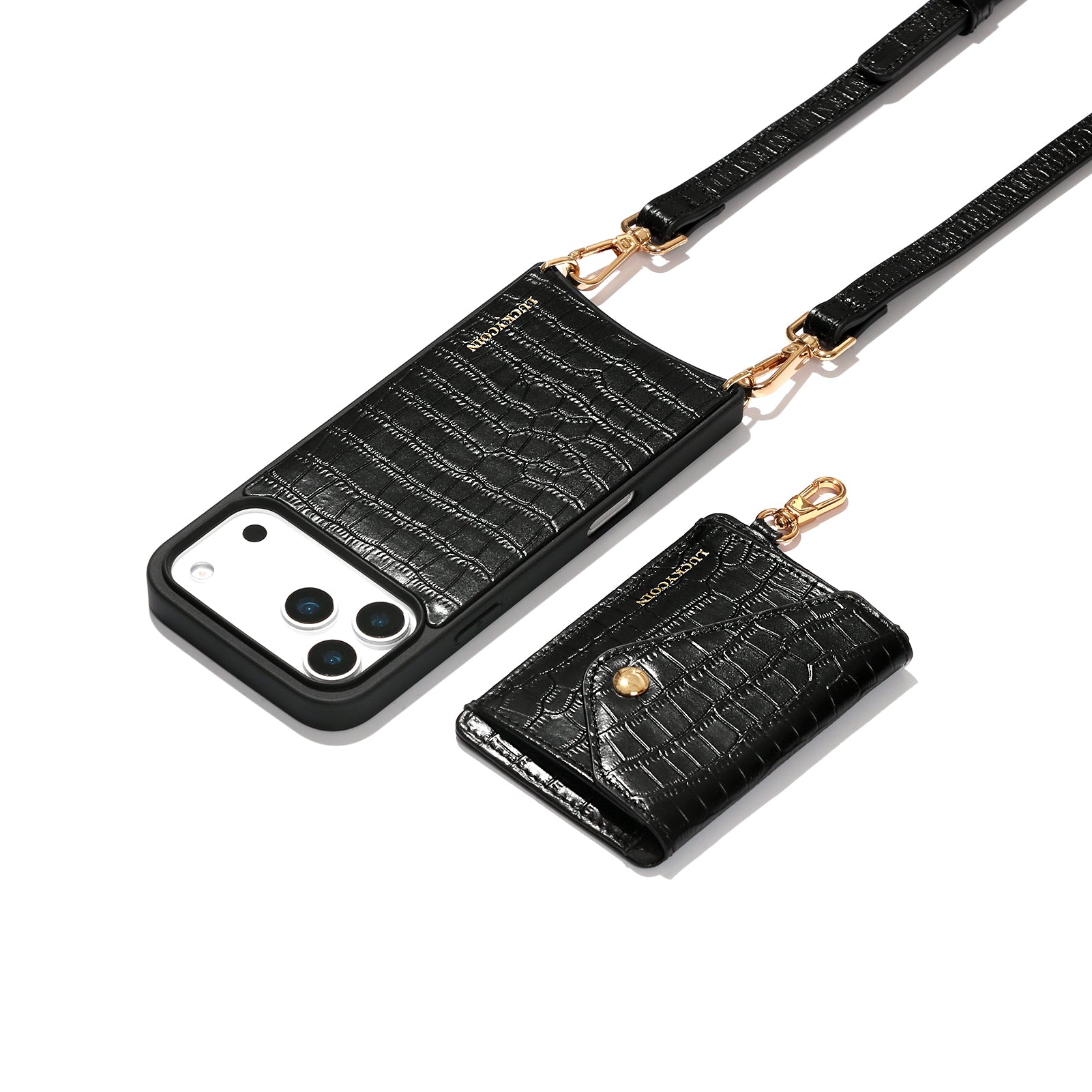 LUCKYCOIN magnet wallet crossbody case in black croc leather with detachable wallet and MagSafe compatibility, lifestyle use6