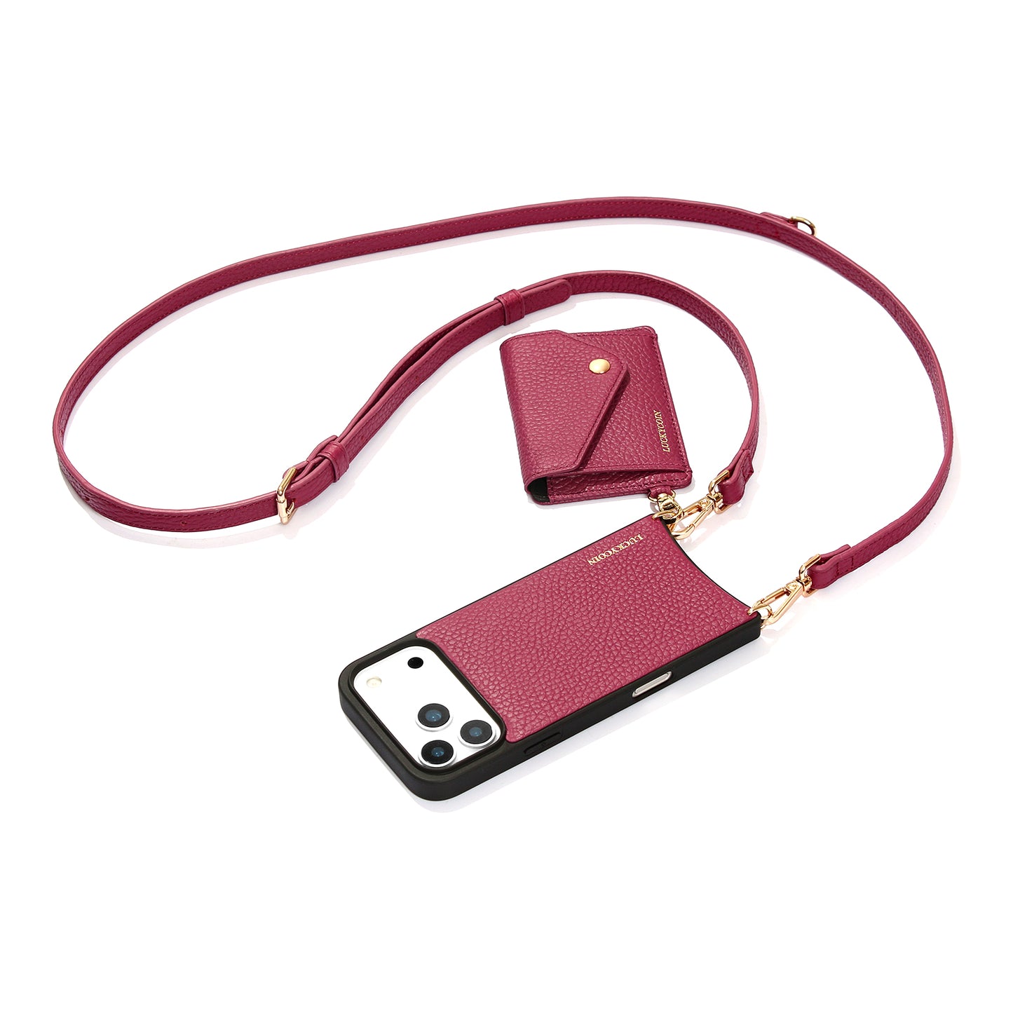 LUCKYCOIN magnet wallet crossbody phone case in rose purple leather with detachable wallet and MagSafe compatibility, lifestyle wear4