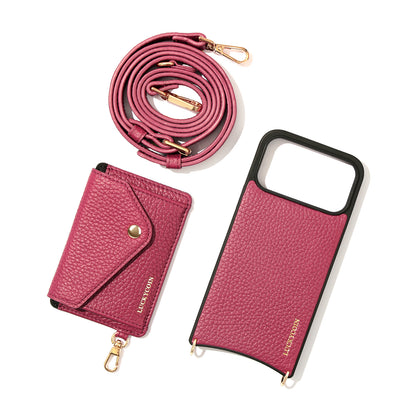 LUCKYCOIN magnet wallet crossbody phone case in rose purple leather with detachable wallet and MagSafe compatibility, lifestyle wear7