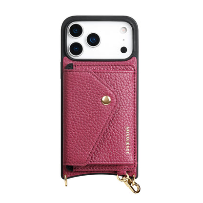 LUCKYCOIN magnet wallet crossbody phone case in rose purple leather with detachable wallet and MagSafe compatibility, lifestyle wear2