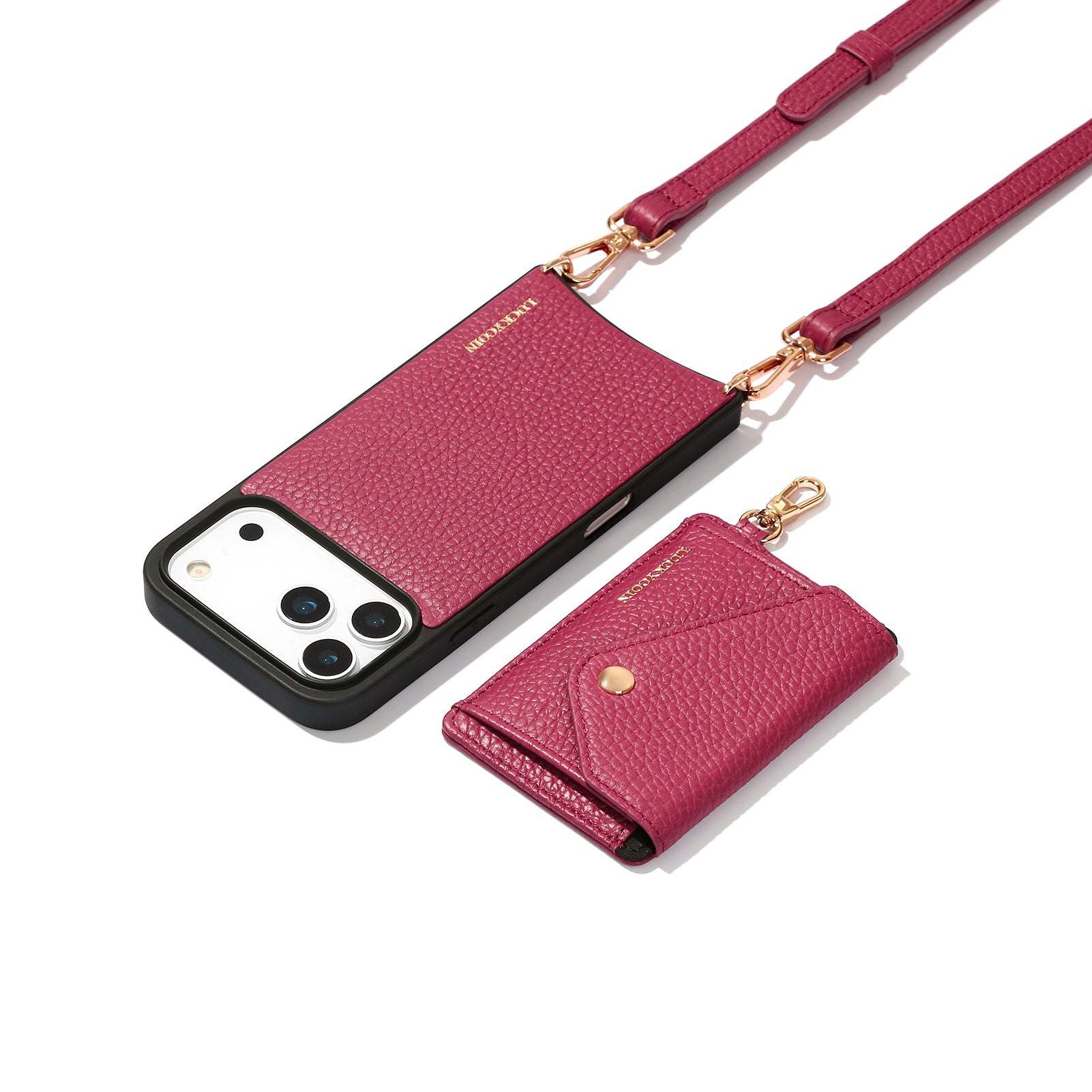 LUCKYCOIN magnet wallet crossbody phone case in rose purple leather with detachable wallet and MagSafe compatibility, lifestyle wear5