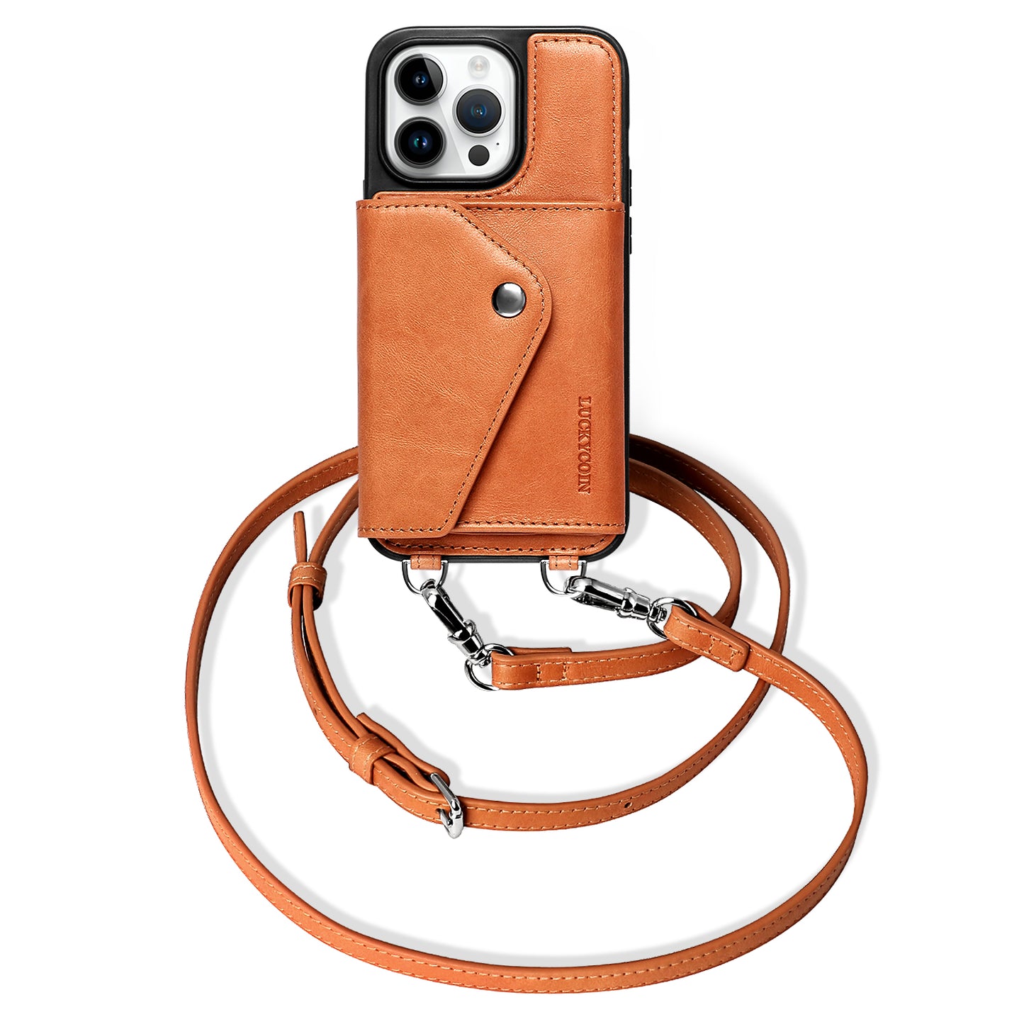 LUCKYCOIN retro brown leather crossbody wallet phone case for iPhone 14 Pro