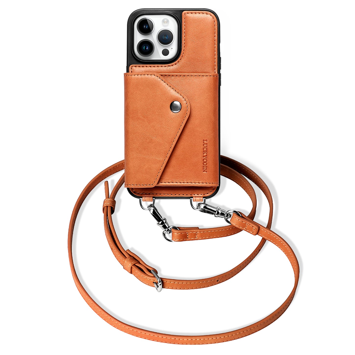 LUCKYCOIN retro brown leather crossbody wallet phone case for iPhone 14 Pro Max