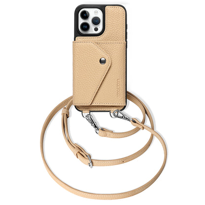 LUCKYCOIN  beige leather crossbody wallet phone case for iPhone 15 Pro Max