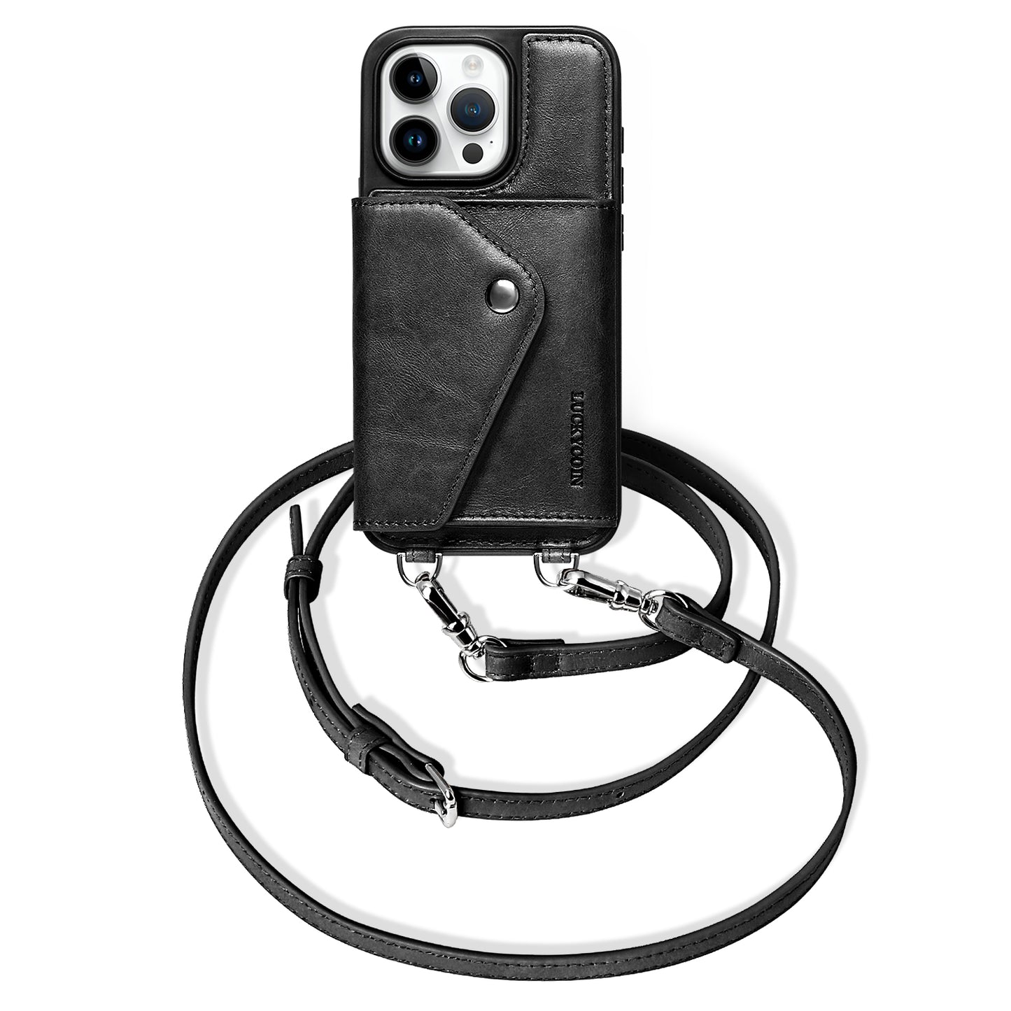 LUCKYCOIN retro black leather crossbody wallet phone case for iPhone 15 Pro