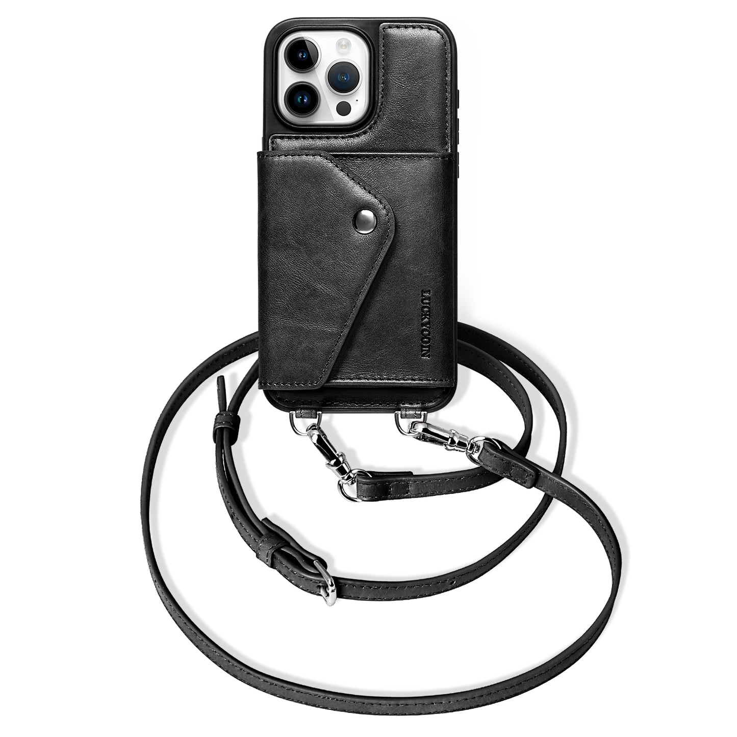 LUCKYCOIN retro black leather crossbody wallet phone case for iPhone 15 Pro Max