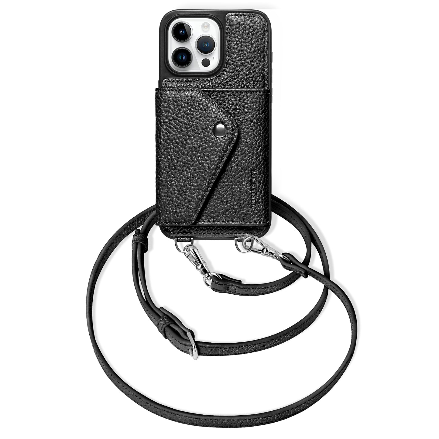 LUCKYCOIN  black leather crossbody wallet phone case for iPhone 15 Pro Max