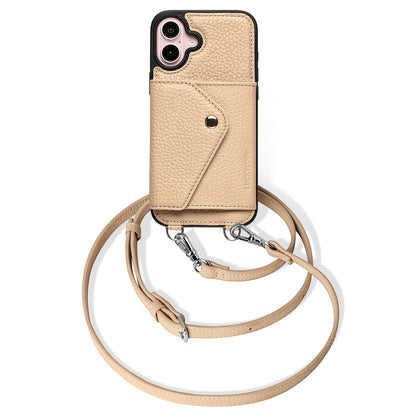 LUCKYCOIN  beige leather crossbody wallet phone case for iPhone 16 Plus