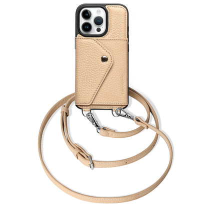 LUCKYCOIN  beige leather crossbody wallet phone case for iPhone 16 Pro