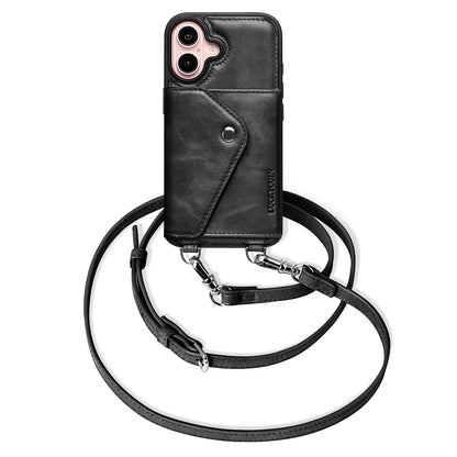 LUCKYCOIN retro black leather crossbody wallet phone case for iPhone 16