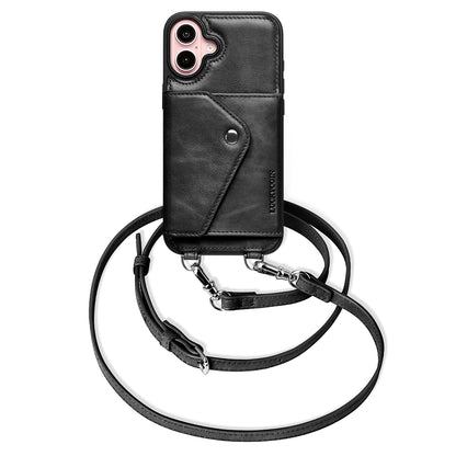 LUCKYCOIN retro black leather crossbody wallet phone case for iPhone 16 Plus