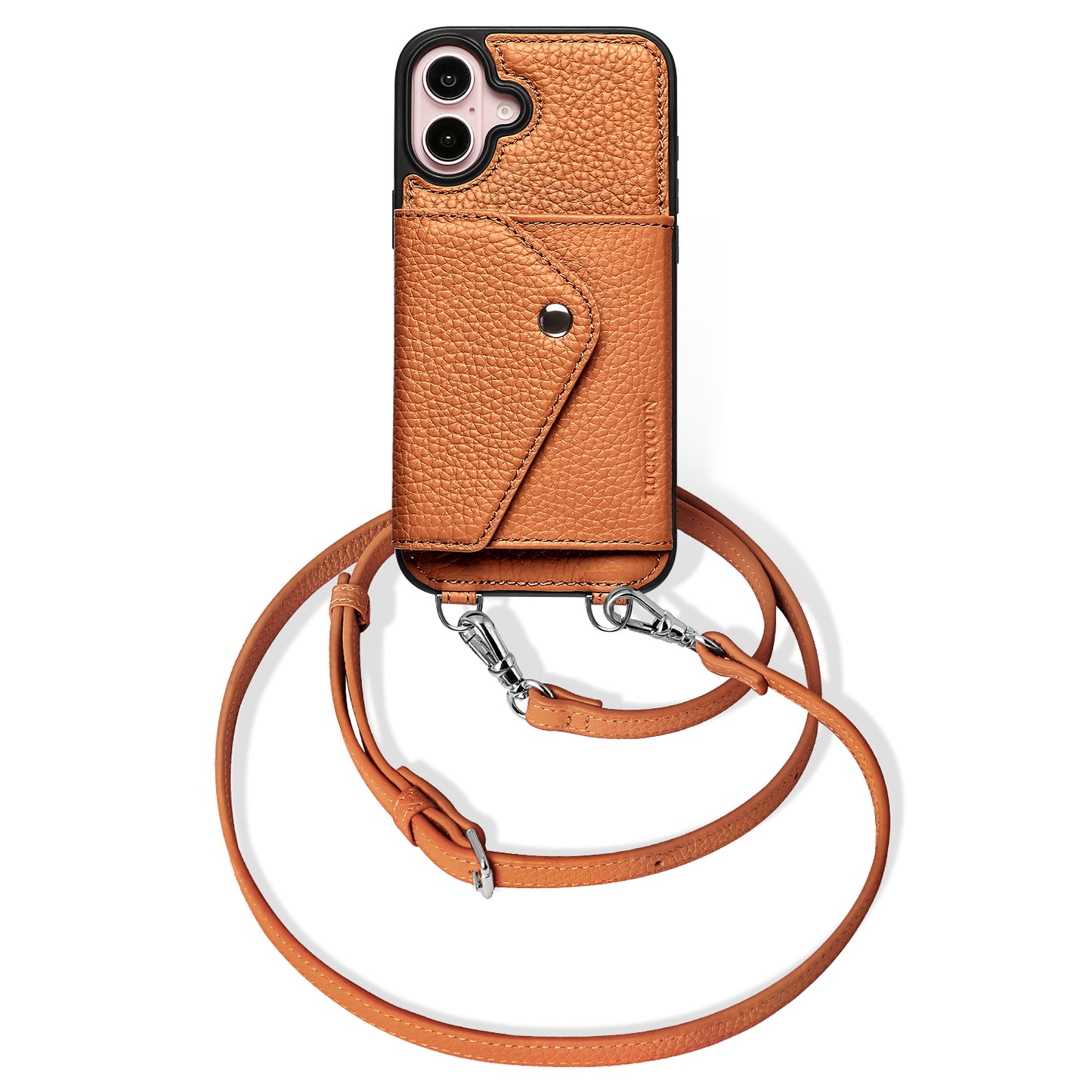 LUCKYCOIN  brown leather crossbody wallet phone case for iPhone 16 Plus