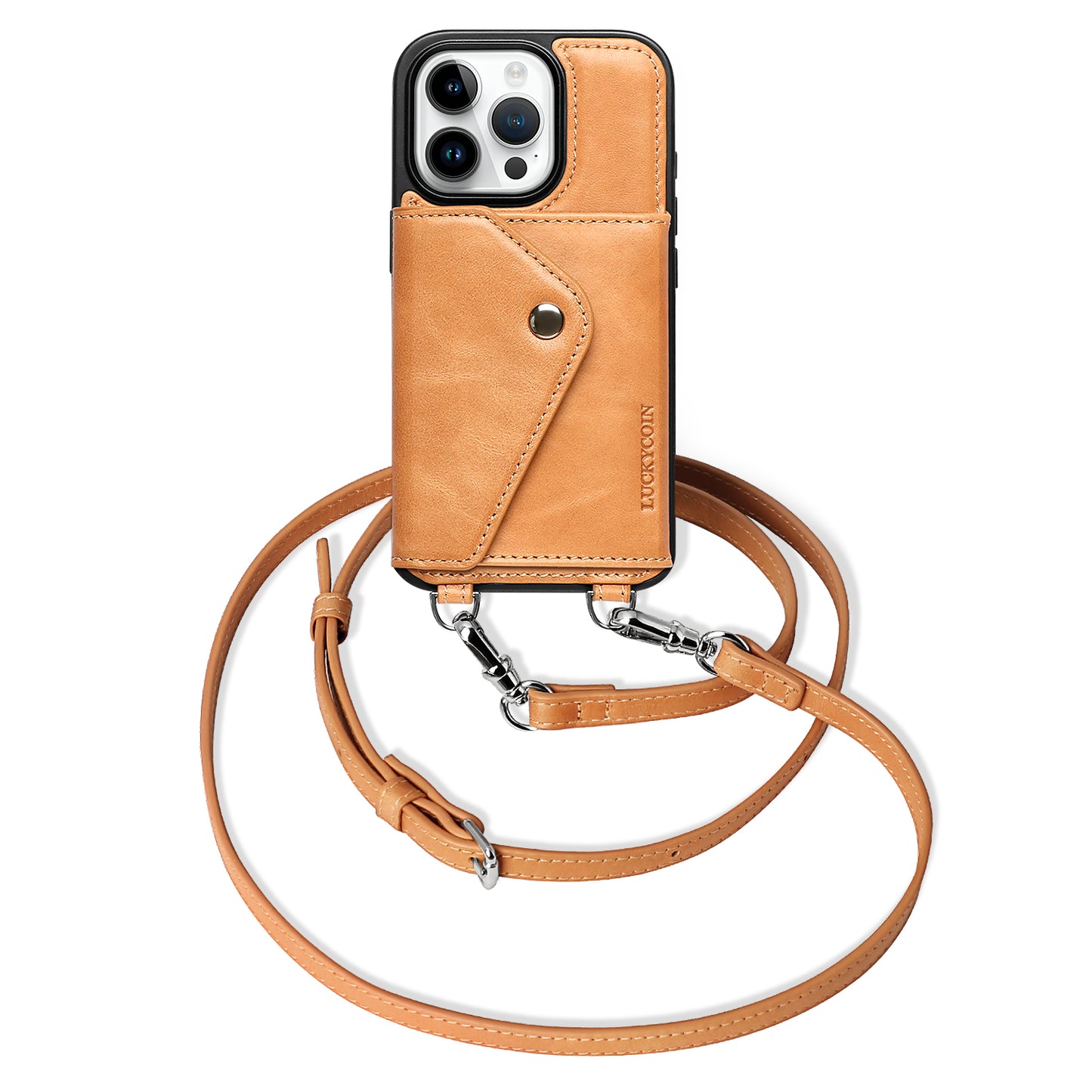 LUCKYCOIN retro AlmondTan leather crossbody wallet phone case for iPhone 16 Pro