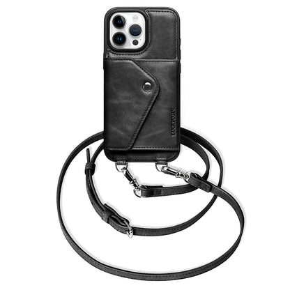 LUCKYCOIN retro black leather crossbody wallet phone case for iPhone 16 Pro Max