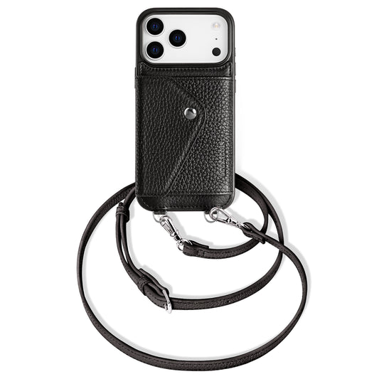 LUCKYCOIN  black leather crossbody wallet phone case for iPhone 17 Pro 