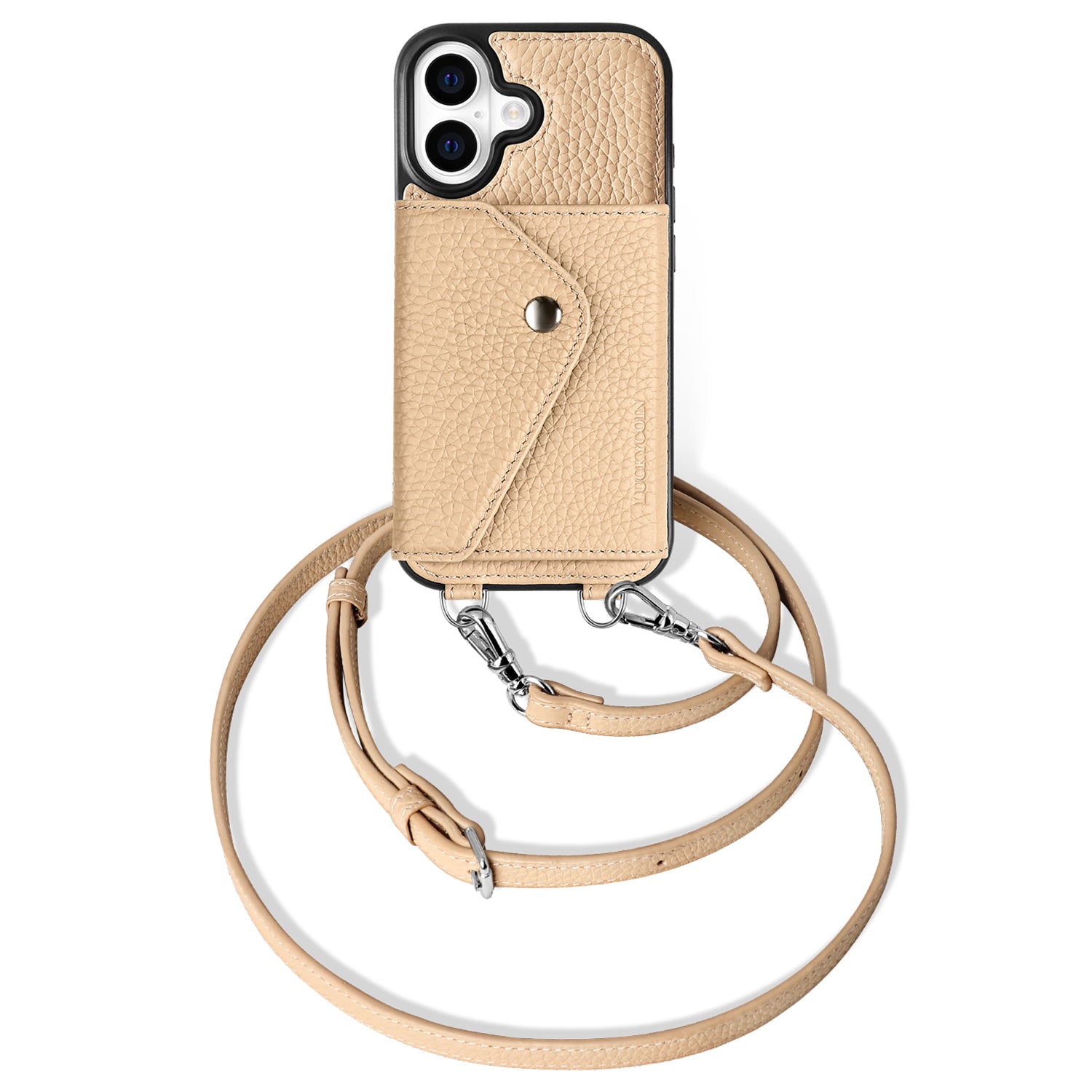 iPhone Crossbody Wallet Case | Beige Pebbled Leather | LUCKYCOIN