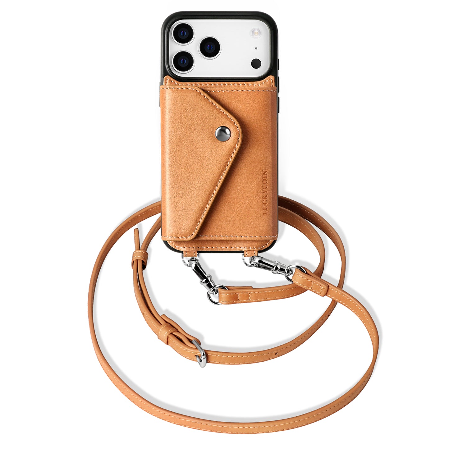 LUCKYCOIN retro AlmondTan leather crossbody wallet phone case for iPhone 17 Pro