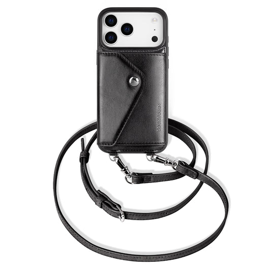LUCKYCOIN retro black leather crossbody wallet phone case for iPhone 17 Pro
