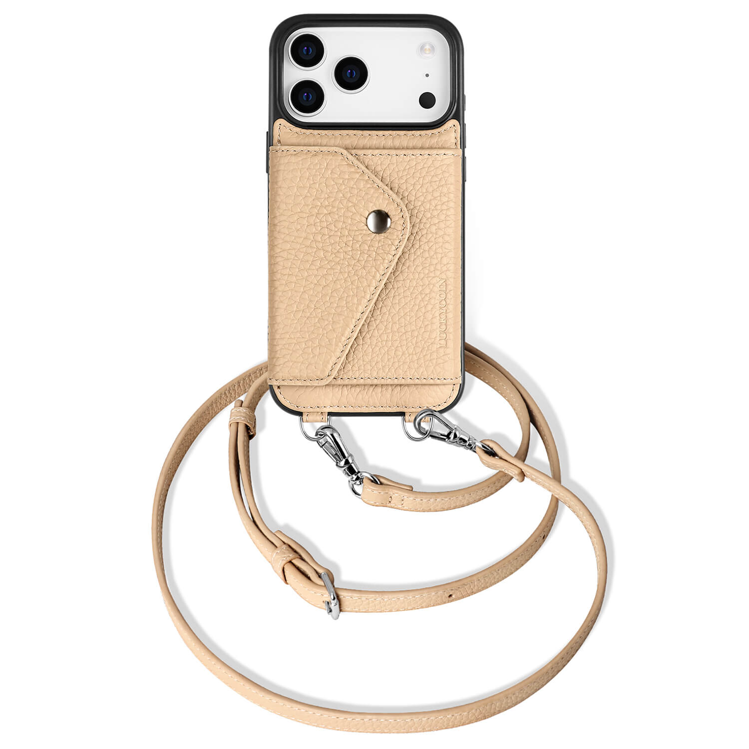 iPhone Crossbody Wallet Case | Beige Pebbled Leather | LUCKYCOIN