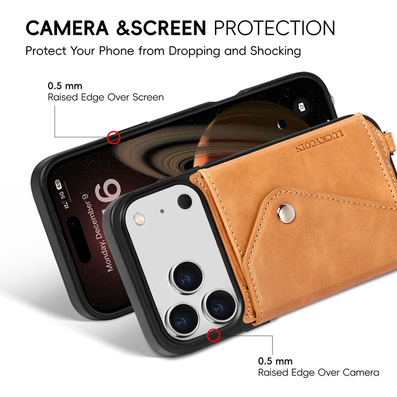 LUCKYCOIN retro almond tan leather hands-free crossbody wallet phone case 1