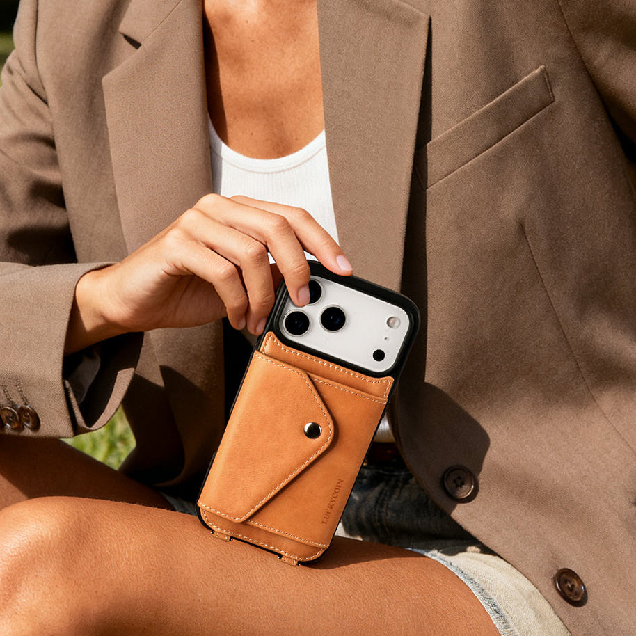 LUCKYCOIN retro almond tan leather hands-free crossbody wallet phone case